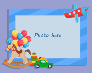 Kid photo frame with toys birthday frame balloons rocking horse plane car pyramid ball