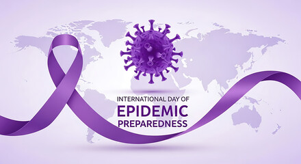 International epidemic preparedness day with purple ribbon and virus symbol on world map