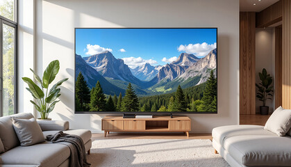Fototapeta premium Modern living room with large TV displaying mountain landscape