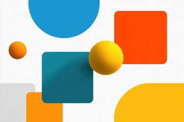 Abstract design of bright geometric shapes in 3D rendering. Three-dimensional spheres and rounded squares of blue, orange, yellow and turquoise colors on a white isolated background. 3d paint