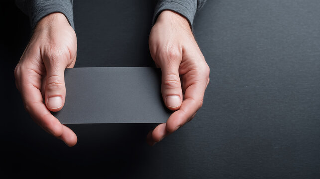 Hands of a person holding a blank gray card against a dark background, showcasing the concept of identity, branding, and design with copy space for customization