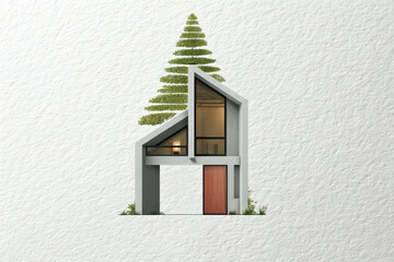 Modern house that visually resembles the letter "A". On roof there is a green space in form of a spruce. Concept of celebrating Christmas in a construction company. Eco architecture.