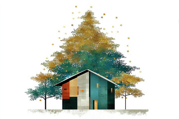 An illustration of an Abstract House located among trees in a geometric style with shades of blue, green, orange and gold.