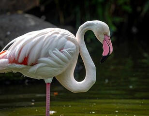 A graceful flamingo, with soft pink and white plumage, preens near water. Its distinctive curved neck and beak are highlighted