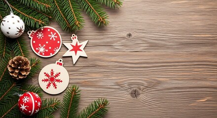 Festive christmas holiday decorations with fir tree branches, natural pine cones and various ornaments on a rustic wooden background with copy space.