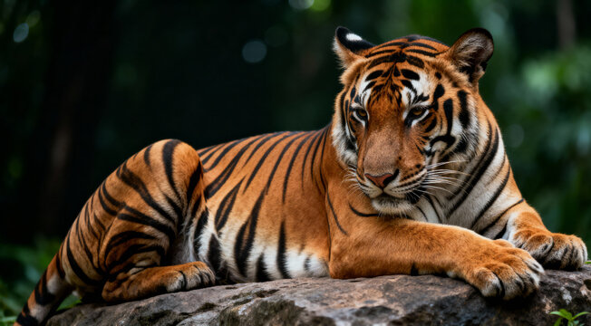 Majestic Bengal Tiger Resting on Rock in Natural Forest Habitat