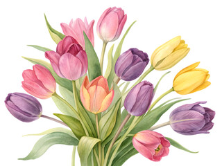 Tulip bouquet watercolor illustration isolated on transparent background. Flowers PNG.