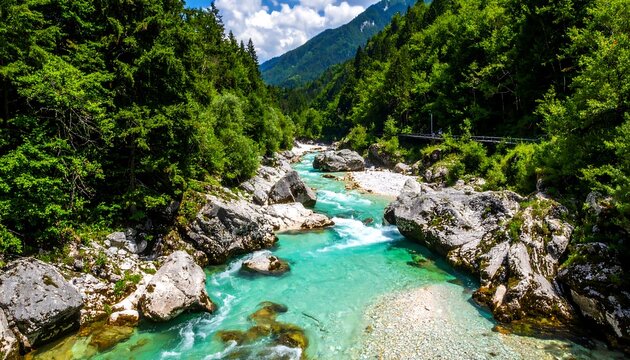 Turquoise river flows through lush greenery and rocky terrain