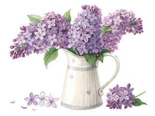 Lilac bouquet in a pitcher isolated on transparent background. Flowers PNG.