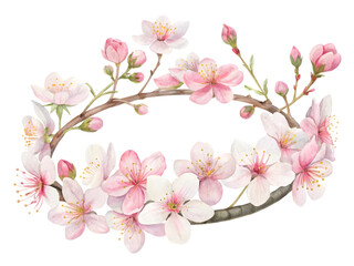 Sakura wreath watercolor illustration. Cherry blossom flowers PNG.