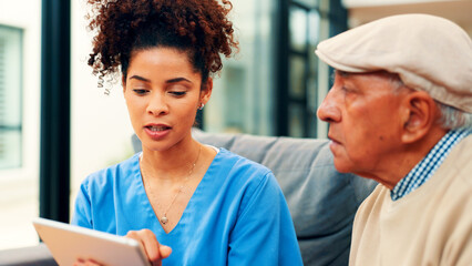 Talking, tablet and nurse with old man on sofa for discussion, consulting and diagnosis. Retirement...