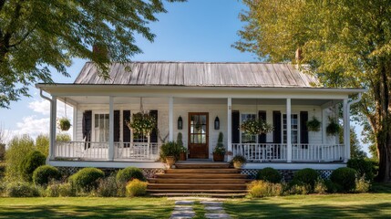 A farmhouse with a whitewashed wooden exterior a wide front porch with hanging baskets of flowers The house