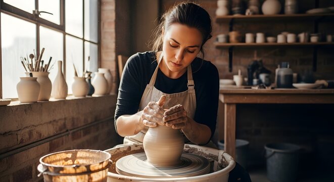 Woman's hands shaping clay on a pottery wheel in a studio image - Powered by Adobe