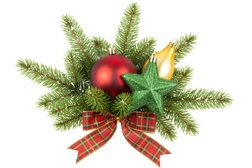 Festive christmas arrangement with ornaments and plaid bow on  background