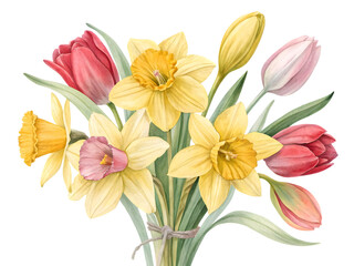 Bouquet of spring daffodils and tulips isolated on transparent background. Watercolor flower PNG.