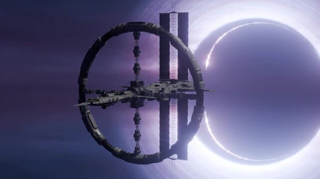 A futuristic spaceship and space station complex float amidst a surreal, gradient-hued cosmic portal, embodying science fiction adventure and interstellar exploration.