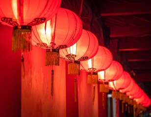 Diagonal photo of a cluster of red lanterns, perfect for Chinese New Year or festive holiday decorations, highlighting vibrant colors and a celebratory atmosphere