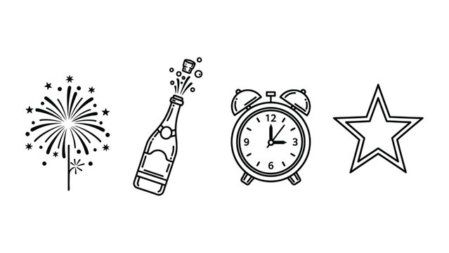 New year s eve celebration icons fireworks champagne alarm clock and star