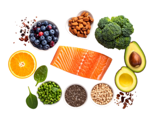 A variety of healthy foods including berries, salmon, avocado, nuts, seeds, and vegetables arranged together