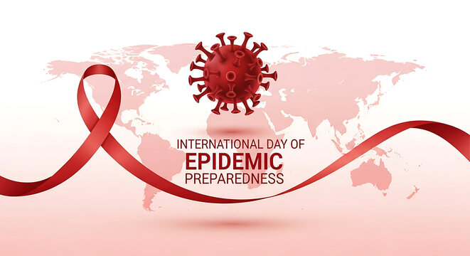 International day of epidemic preparedness red ribbon and virus symbol on world map background