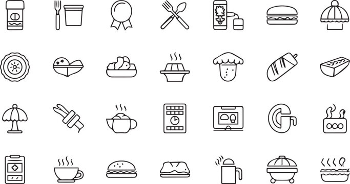 Assorted Culinary Icons: An assortment of line art icons representing diverse food and beverage elements, perfect for illustrating food concepts, culinary blogs, and restaurant menus.