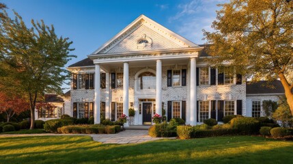 A grand Colonial home with a neatly manicured lawn symmetrical windows and a prominent central front door The