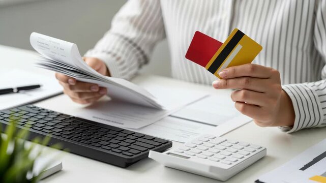 Person holding credit cards and invoices desk calculating tax finance budget financial accounting payment bill with calculator keyboard paperwork office invoice receipt concern and focus credit card