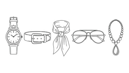 Collection of hand drawn accessories including a watch bracelet scarf sunglasses and necklace