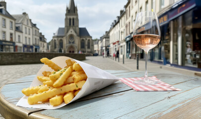 Delicious French fries with a glass of wine served on a bistro t