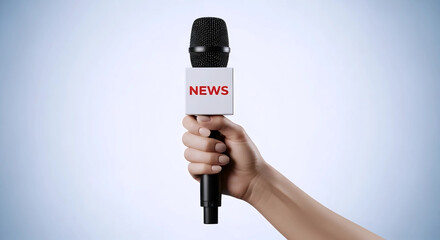 Journalist Hand Holding Microphone with News Label on Blue Background for Broadcasting Concept