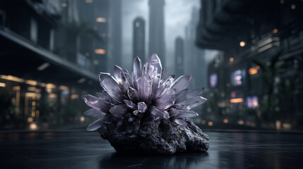 Amethyst crystal cluster on dark stone in futuristic city setting with misty skyscrapers and ambient lights.