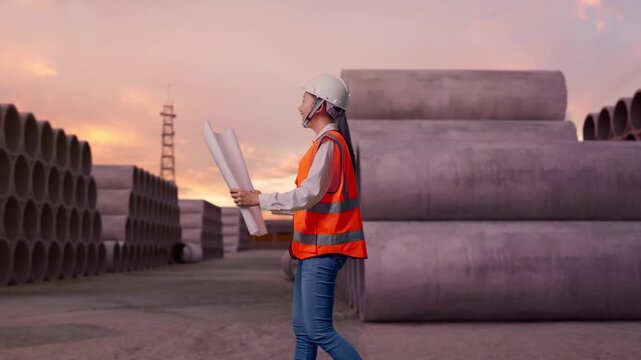 Side View of Asian Female Engineer Looking At Blueprint In His Hands While Walking at Precast Concrete Pipes Storage