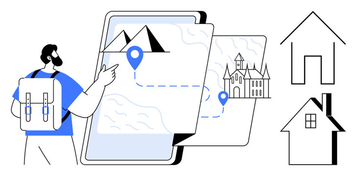 Hiker with backpack exploring digital map showing route, mountains, and building landmarks. Ideal for travel, tourism, navigation, journey planning, exploration, outdoor adventure simple flat