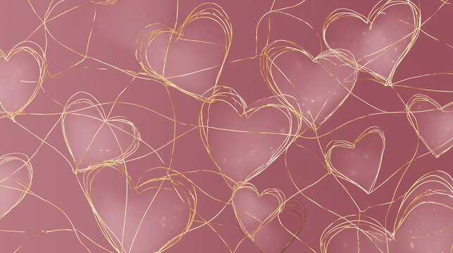 Glowing golden heart pattern on pink background with fluid lines wallpaper