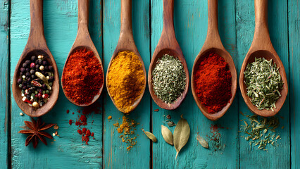 Stunning photorealistic wooden spoons filled with colorful spices including red paprika and green herbs on turquoise wood grain