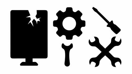 Computer repair service needed, cracked screen with gear, wrench, and screwdriver, perfect for IT support, maintenance, and fixing technology issues