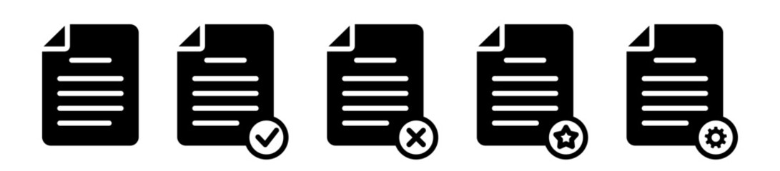 Complete set of solid vector glyph icons for single document status: Blank File, Verified (Check), Rejected (Cross), Important (Star), and Update/Settings (Gear). Essential graphics for interface and 