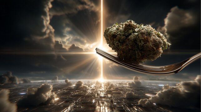 Futuristic cannabis bud floating on a fork over a sci-fi cityscape with dramatic light and cloud atmosphere.