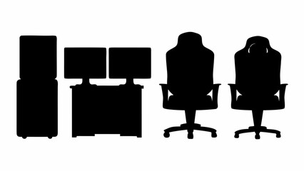 Modern gaming setup silhouette with dual monitors and ergonomic chairs, embodying focus and comfort for immersive digital experiences at home or office