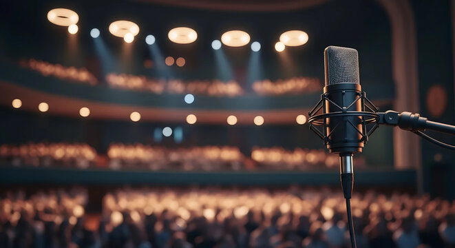 Microphone on Stage with Blurred Audience and Lights Background for Live Concert or Speech