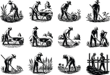 Farmer Agricultural Activity Vector Set, Farm Worker Labor, Wheelbarrow, Raking, Digging, Vintage Woodcut Style Illustrations, Graphic