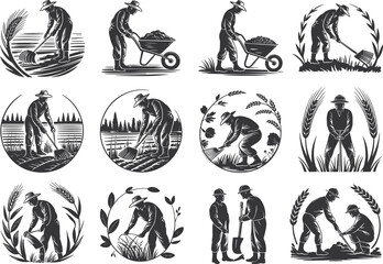 Farmer Working Vector Illustration Set, Agriculture, Farming, Labor, Shovel, Wheelbarrow, Vintage Woodcut Style Silhouette Collection