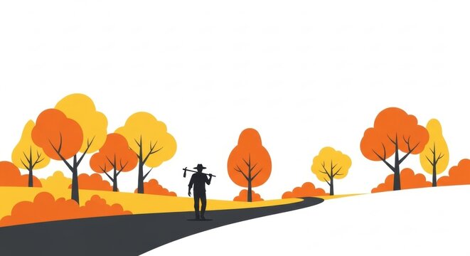 Lone farmer walking along a winding road through a vibrant autumn forest landscape with colorful trees - Powered by Adobe
