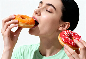 Woman eating colorful doughnuts with icing and sprinkles