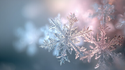 Snowflakes with hexagonal symmetry on blue pink blurred background