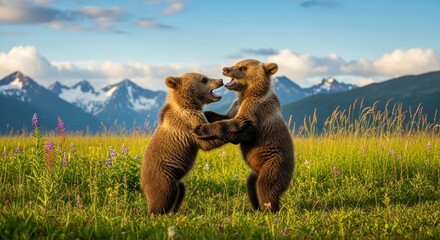 Playful brown bear cubs wrestling in lush meadow with majestic mountain backdrop enhancing their