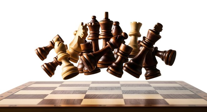 Collection of wooden chess pieces suspended in midair above a chessboard, isolated on white background