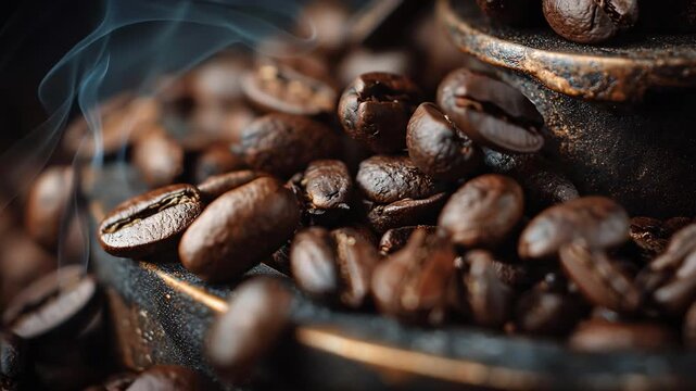 Aromatic Coffee Beans: A close-up shot of rich, dark coffee beans, exuding the inviting aroma that promises a moment of pure, sensory bliss.