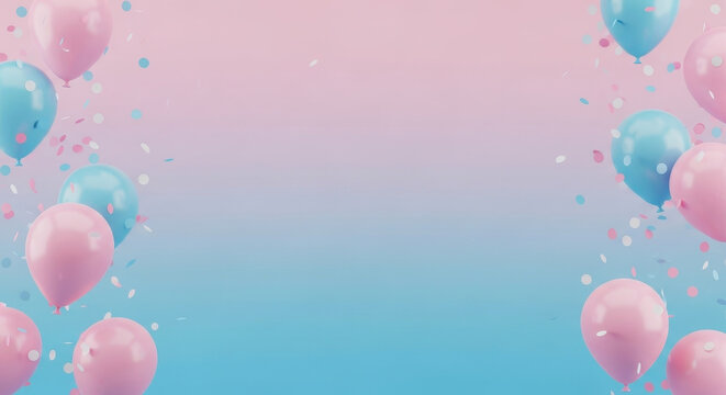 Pink and blue balloons with confetti against a gradient background