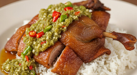 Nasi Bebek Penyet with Sambal hi: Indonesian Spicy Duck Dish with Rice"